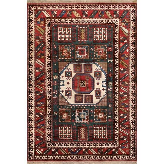 Pasargad Home Kazak 70" x 102" Hand-Knotted Wool Area Rug in Green/Rust Red
