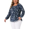thumbnail image 4 of Plus Size Floral Print Tops for Women Square Neck Long Sleeve Pleated Tunic Dressy Casual Blouses 3X Navy Blue, 4 of 5