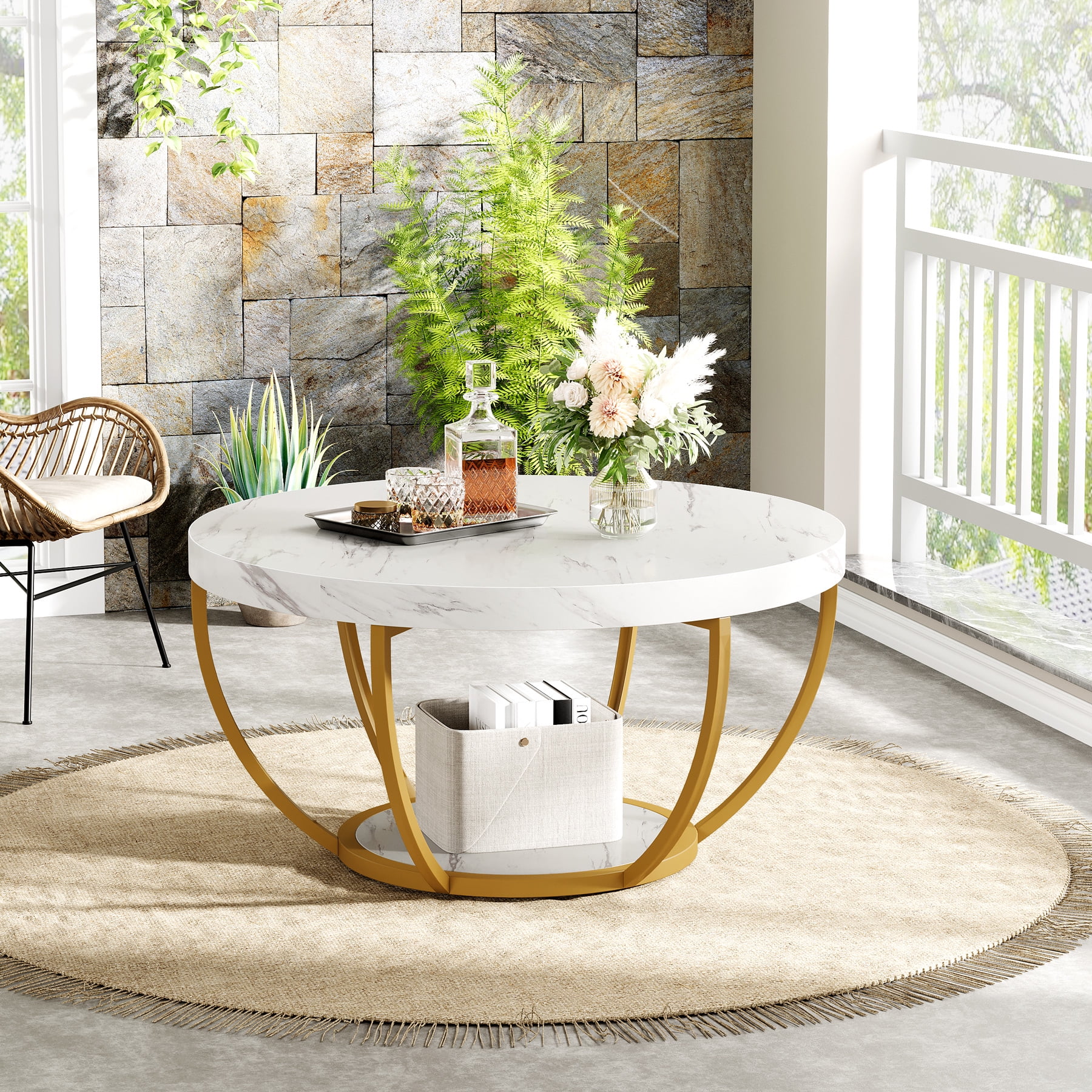 Fnova Coffee Table with 2 - Tier Storage, 32" Round Coffee Table with Metal Legs, Modern Rustic Style Center Table for Living Room, White and Gold