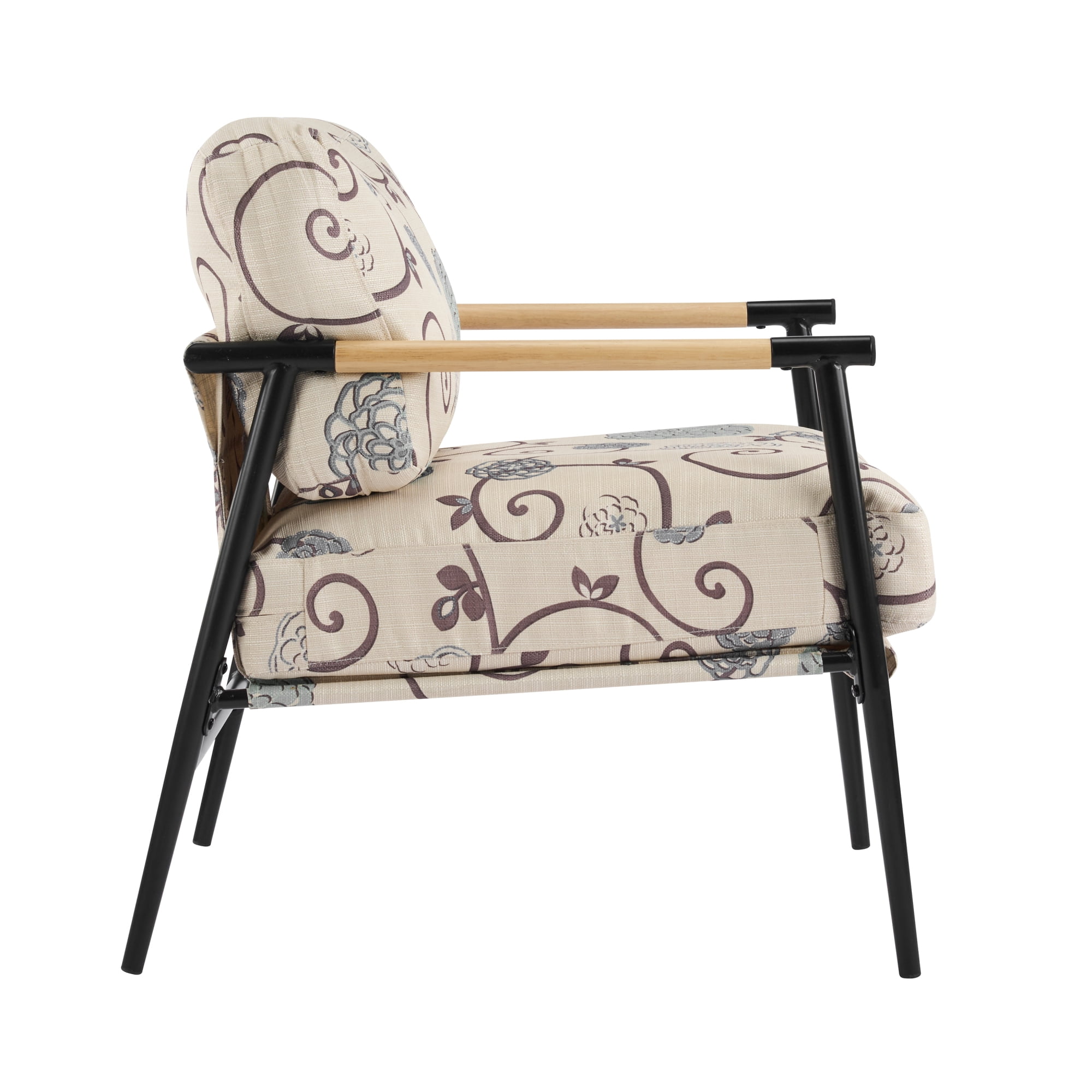 Leumius Modern Accent Chair with Plush Cushions, Minimalist Metal Frame and Wooden Armrest Design for Living Room Bedroom Office White+Multi