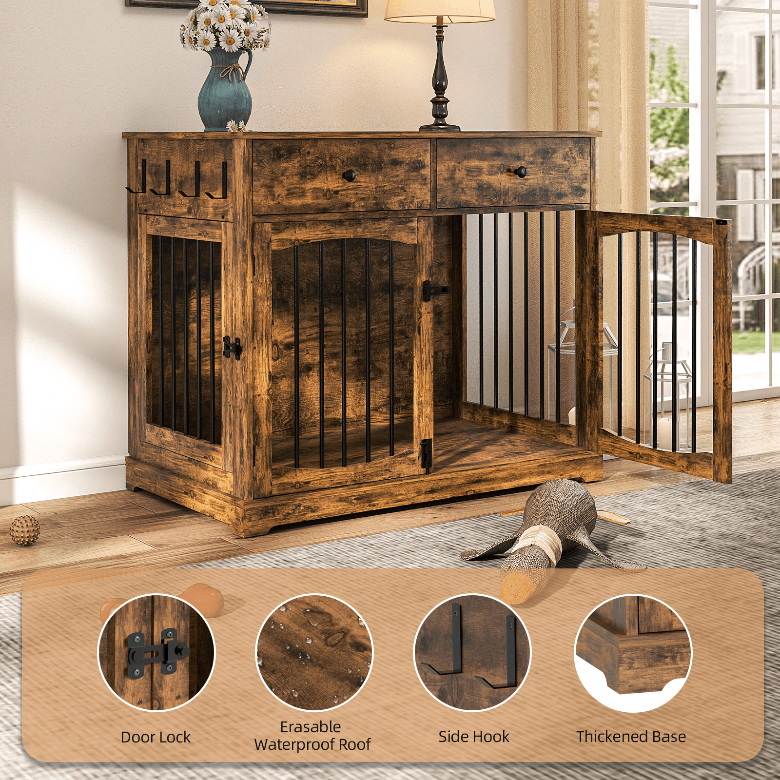 Flictozena 40 Inch Dog Crate Furniture - House Style Wooden Pet Kennel with 2 Doors for Indoor Large Dogs, Brown