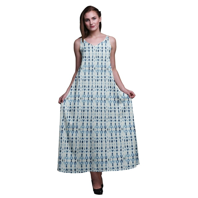 Bimba Robe Longue Maxi Imprimée à Bretelles Spaghetti Ajustables en Rayonne Teinture sur Nœuds pour Femmes Boho-TTTG
