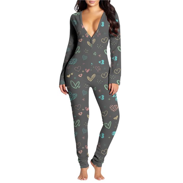 Mono de Navidad con botones para mujer, pijama funcional de manga larga con estampado, con solapa abotonada, ropa de dormir para adultos