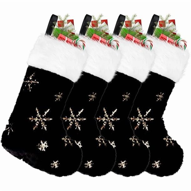 wonima02 4PCS Black Christmas Stockings,18 Inch Large Plush Faux Fur Xmas Stocking with Golden Snowflake Sequin Glitter Snowflake Hanging Stocking for Christmas Tree Wall Fireplace Home Decoration