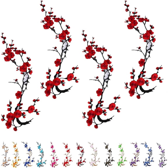 Cherry Blossom Patches, Embroidered Iron-On & Sew-On Floral Applique Set with Branch Design for DIY Clothing Repair, Jeans, Hats, Shoes and Craft Decoration