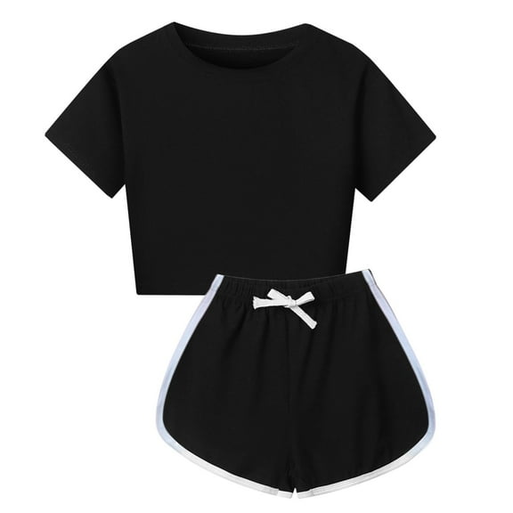 HOWPAY Girls 2 Piece Outfits Casual Crew Neck Short Sleeve T-Shirt and Elastic Waist Shorts Tracksuit Solid Color Comfy Summer Sweatsuits Set Black