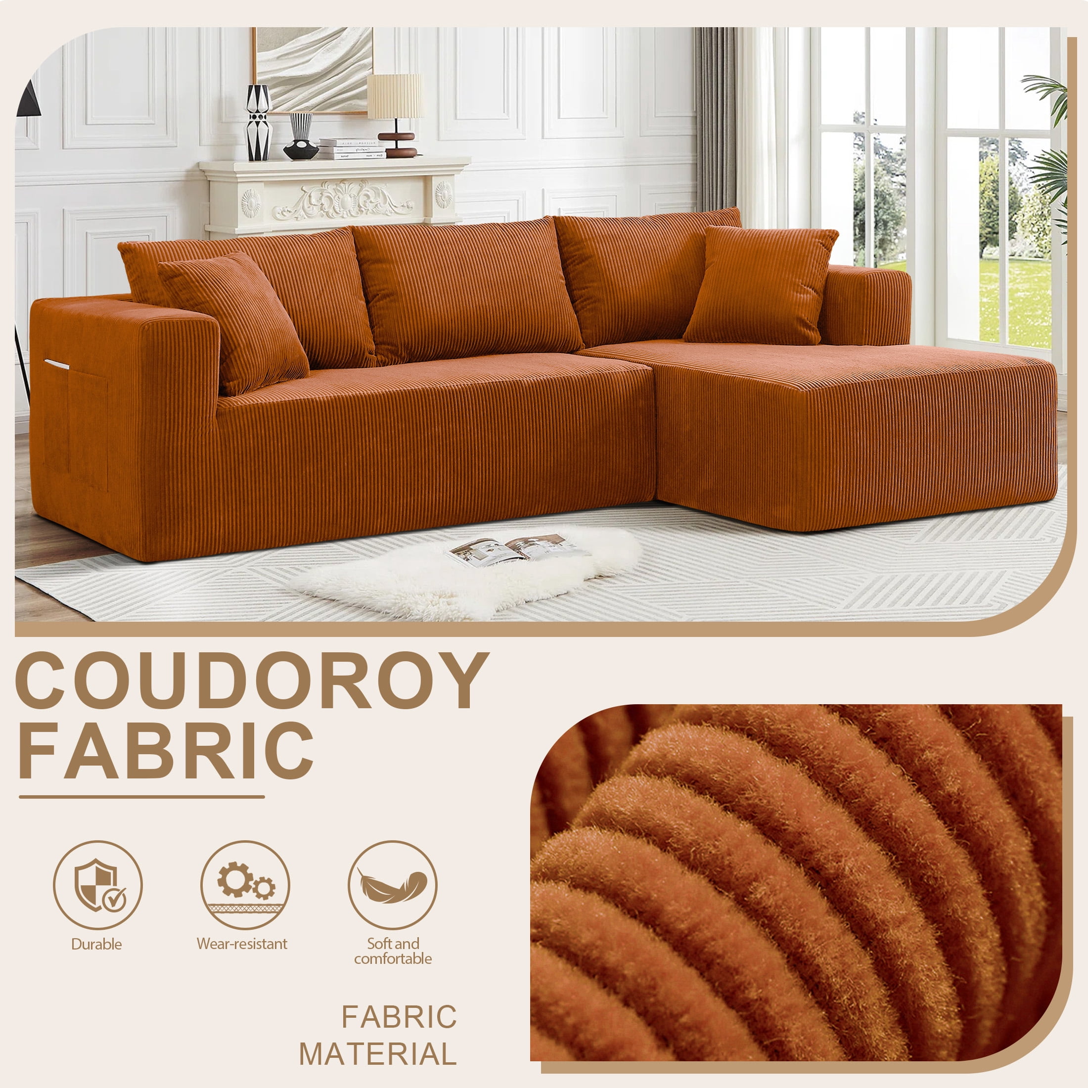 AENKYO 104'' Modular L-Shape Sectional Sofa with Chaise, Comfy Deep-Seat Cloud-Couch, Corduroy - Orange