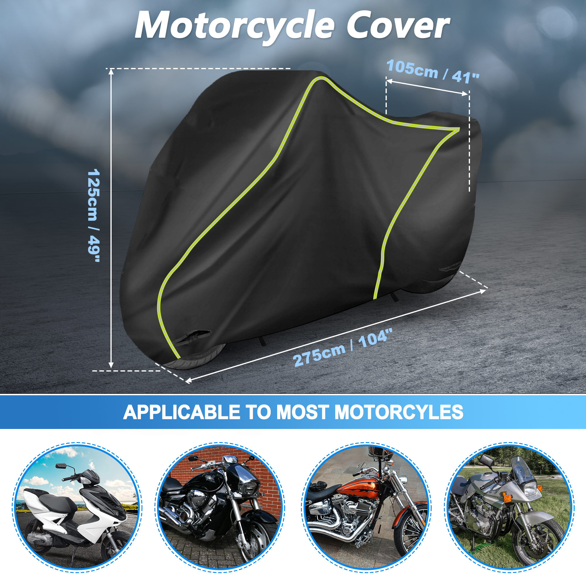 Motorcycle Cover Waterproof Outdoor 300D Oxford Heavy Fabric Scooter Cover Motorbike Cover with Lock-Hole All Weather Protection Black Fits Up to 275cm/108"