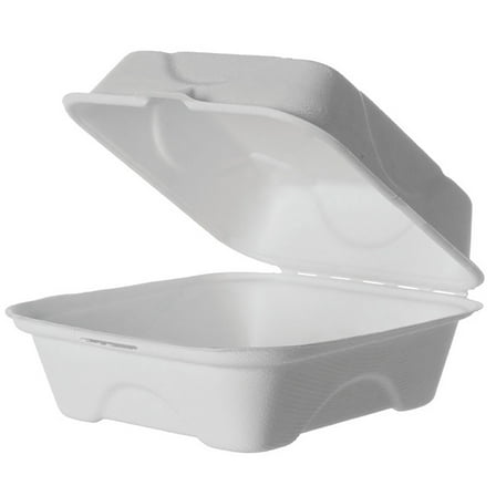 Eco-Products Vanguard Renewable & Compostable Sugarcane Clamshells, 2-Compartment, 9" x 6" x 3", White, Case Of 250 Clamshells