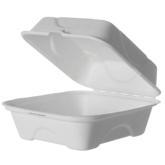 Eco-Products Vanguard Renewable & Compostable Sugarcane Clamshells, 2-Compartment, 9" x 6" x 3", White, Case Of 250 Clamshells