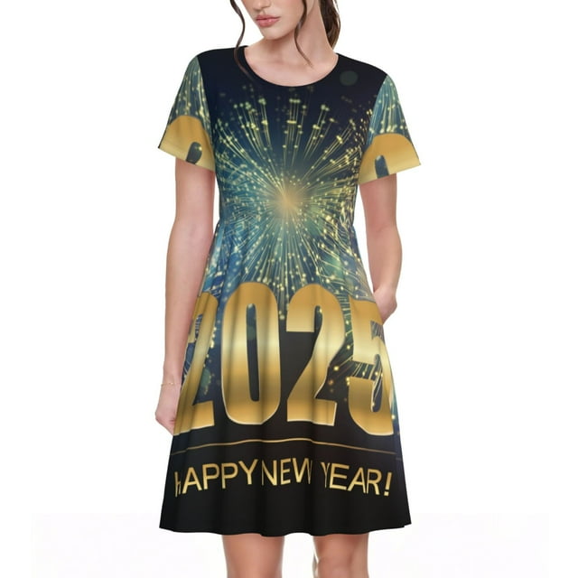 Fotbe 2025 New Year 5 Vestido Largo de Moda para Mujer, Vestido Tipo Camiseta con Manga Corta y Estilo Casual a Rayas y Bloques de Color