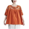 thumbnail image 2 of Busydd Plus Size Womens Tops M-4XL Casual Solid Color Short Sleeve Going Out Tops for Women Trendy Round Neck Embroidered Spring Summer Tops Comfy Pleated Peasant Cotton Linen Shirts, 2 of 3