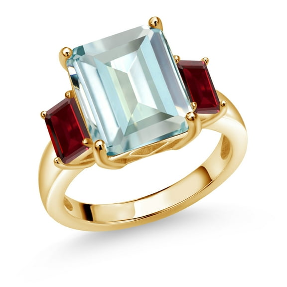 Gem Stone King 7.01 Ct Sky Blue Simulated Aquamarine Red Garnet 18K Yellow Gold Plated Silver Ring (Size 5)