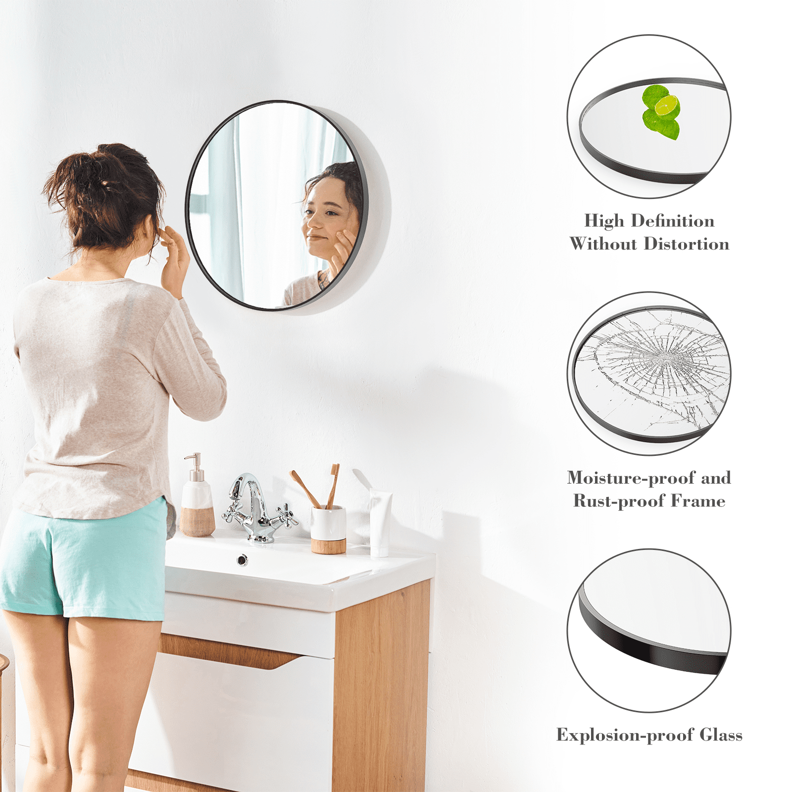 MAYEERTY 20in Round Wall Mirror Vanity Mirror for Bathroom，Black