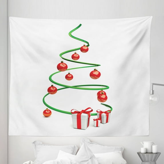 Christmas Tapestry, Abstract Xmas Tree Design Baubles and Ribbon Boxes December Ornaments Modern, Fabric Wall Hanging Decor for Bedroom Living Room Dorm, 5 Sizes, Green Red White, by Ambesonne