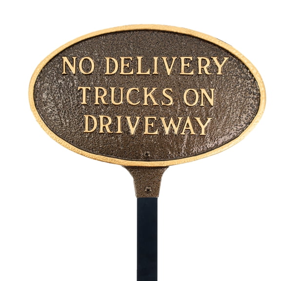 No Delivery Trucks on Driveway Small Oval Statement Plaque with Lawn Stake - Hammered Bronze