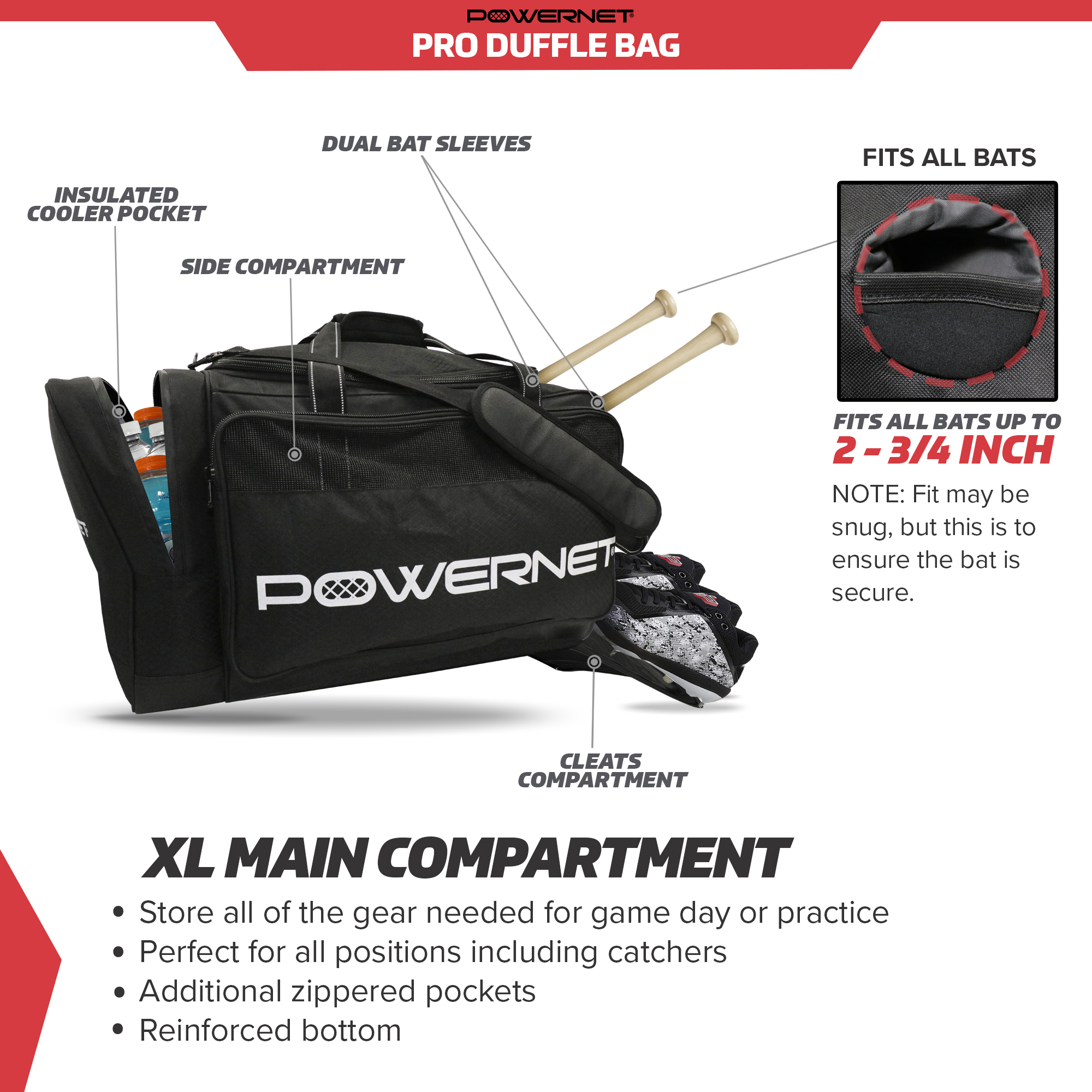PowerNet Pro Duffle Bag, Softball Baseball Dual Bat Bag, Baseball Gear Shoulder Bag with Cooler Pocket and Padded Shoulder Strap (Duffle Bag, 1-Count)
