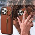 thumbnail image 6 of ELEHOLD Case for iPhone 15 Pro, Zipper Leather Wallet Crossbody Case with Detachable Ring Kickstand & Card Slots,Coffee, 6 of 9