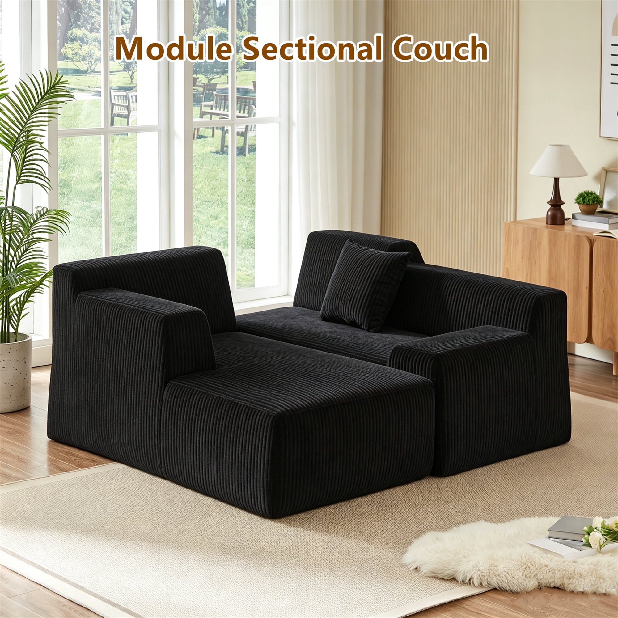 Aukfa 97" Cloud Sectional Sofa Tight Back Boneless Couch Modular L-Shaped Couch, Left Chaise Corduroy Sofa for Living Room, Black