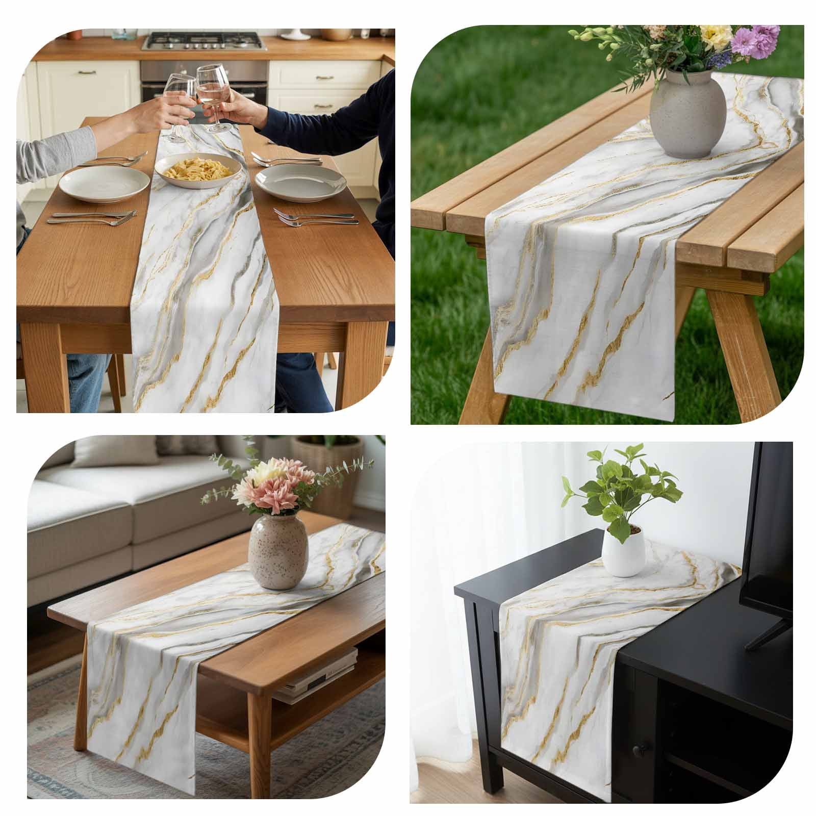 Kitchen Table Runner 90 Inches Long, Abstract White Marble Texture Cotton Linen Table Runners for Dining Tables Home Holiday Party Wedding, Retro Golden Veins Seamless Tabletop Scarf