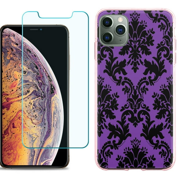 For Apple iPhone 11 Pro Max Case , Slim-Fit TPU Protective Phone Case (Pink Bezel) with Tempered Glass Screen Protector, by OneToughShield ® - Victorian Purple/Black
