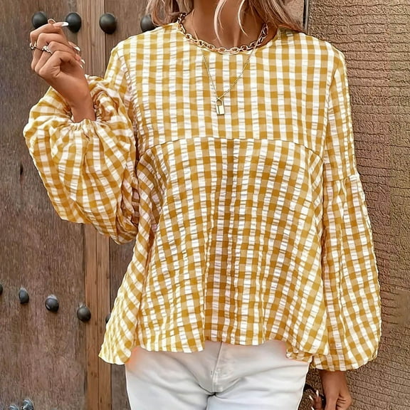 Womens Tops Fall Clearance 2024 Lantern Sleeve Pleated Solid Color Blouse Loose Fitting Long Sleeved Top Yellow M