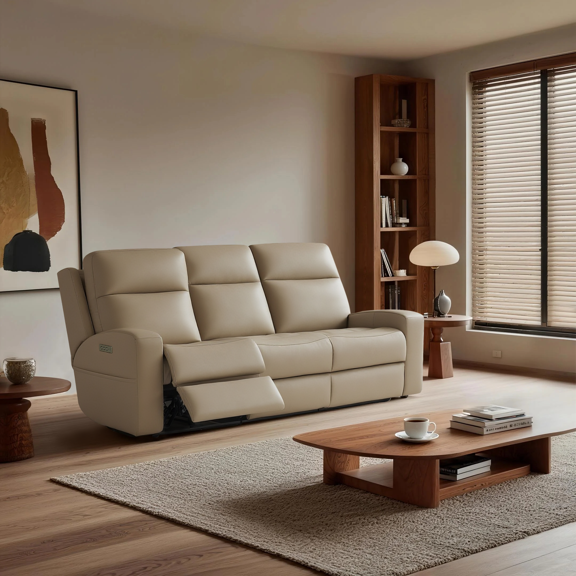 86 W’’ Genuine Leather Triple Power Reclining Sofa with Adjustable Lumbar Support & Headrest