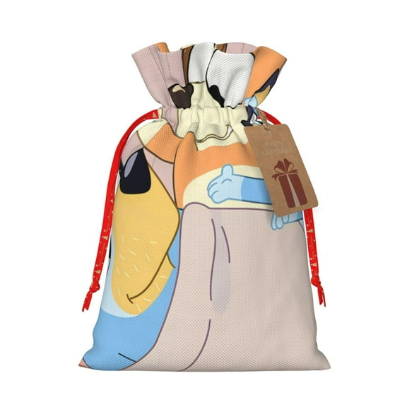 Masiiu Bluey Print Christmas Gift Bag, Burlap Drawstring Pouch with Kraft Paper Card for Holiday, Party, and Birthday Wrapping-Small