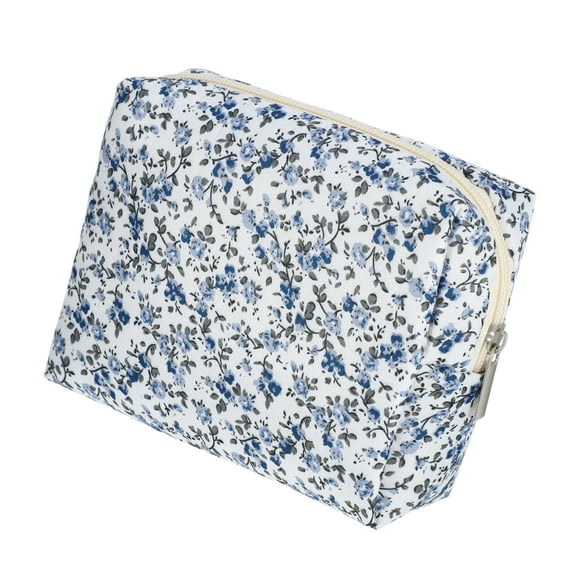 Vocoste Quilted Makeup Bags Blue Floral Makeup Bags Cute Makeup Bag for Women Girls