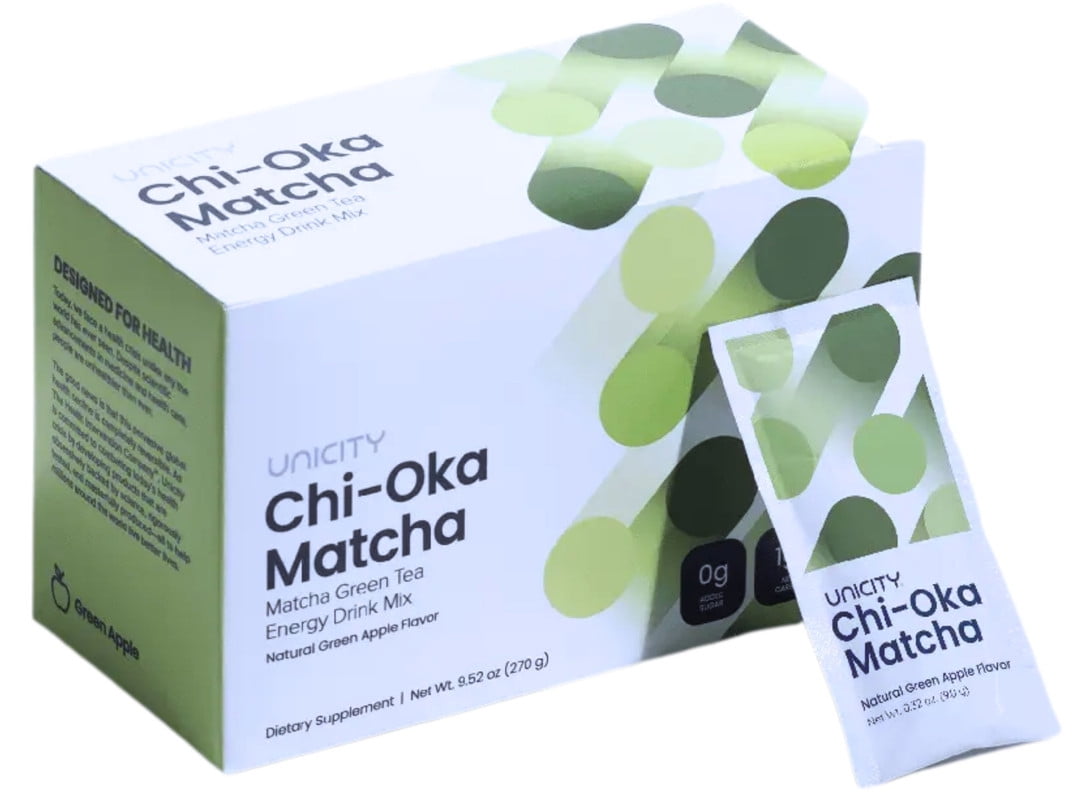 UNICITY DUO TEA Chi-Oka Matcha Green Tea Natural Green Apple Flavor 30 Packets with Balance Natural Orange Flavor 30 Packets
