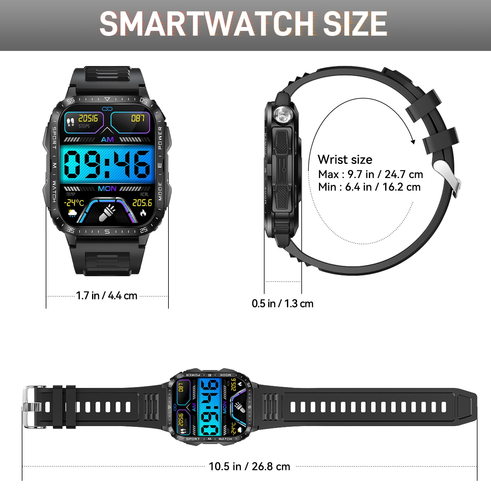 XAXRE KT79 Smart Watch for Men with 1.96" Big Screen LED Flashlight/UV Light 3ATM Waterproof Rugged Smartwatch with Text and Call for iOS Android, 1pc
