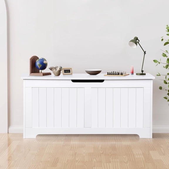 40 Inch Large Chest Wooden Storage Trunk w/2 Safety Hinges, Storage Bench, Shoe Bench, Modern Lift Top Chest Box Organizer w/Handles for Entryway, Living Room, Bedroom, White