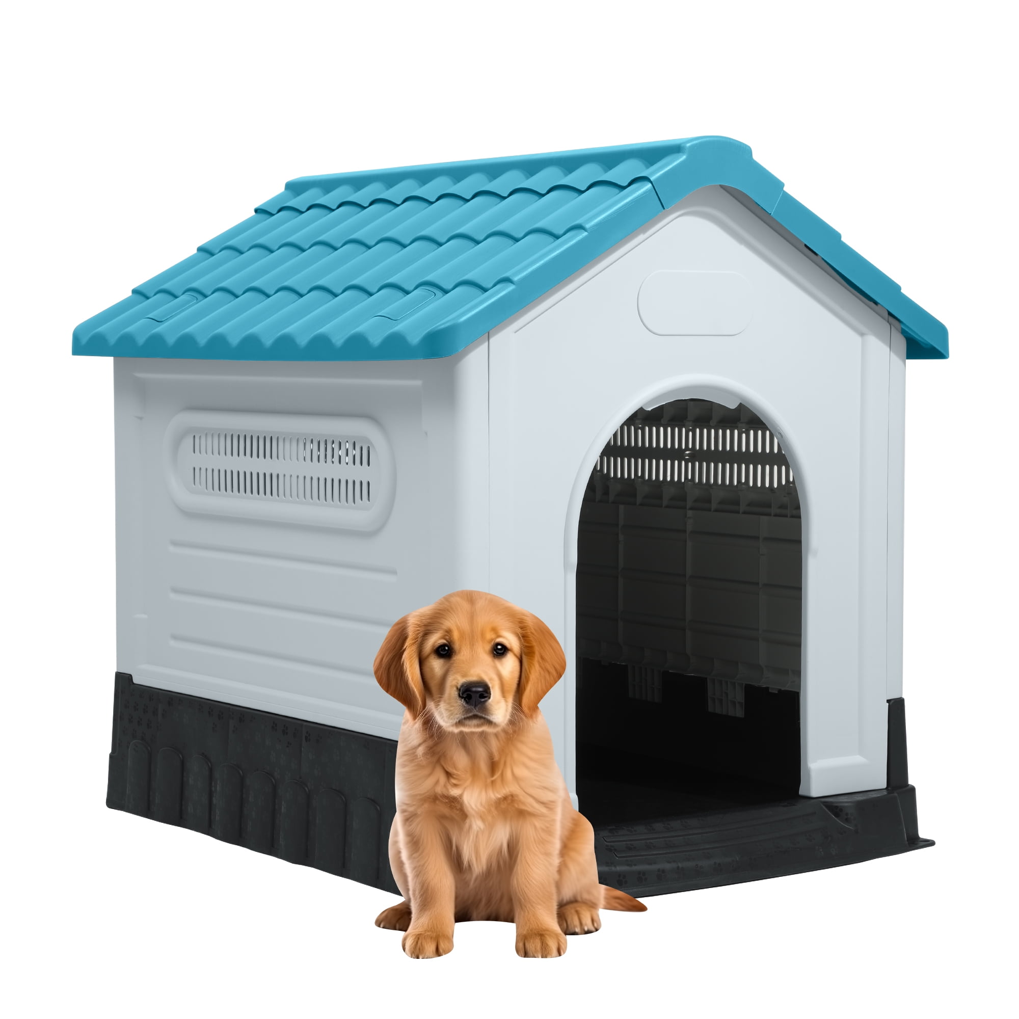 Uforic Large Foldable Plastic Dog House with Air Vents and Elevated Floor, Outdoor Indoor Waterproof Doghouse Puppy Shelter,Blue,41.3''Lx 34.6''Wx 39''H
