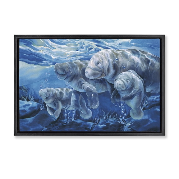 Stupell Industries Underwater Manatee Family Animals Painting Black Floater Framed Canvas Art Print Wall Art, 25 x 17