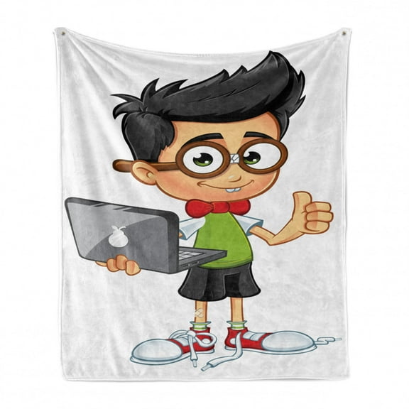 Nerd Soft Flannel Fleece Blanket, Geeky and Intelligent Boy with a Laptop in His Hand and Thumbs Cartoon, Cozy Plush for Indoor and Outdoor Use, 50" x 60", Dark Grey and Multicolor, by Ambesonne