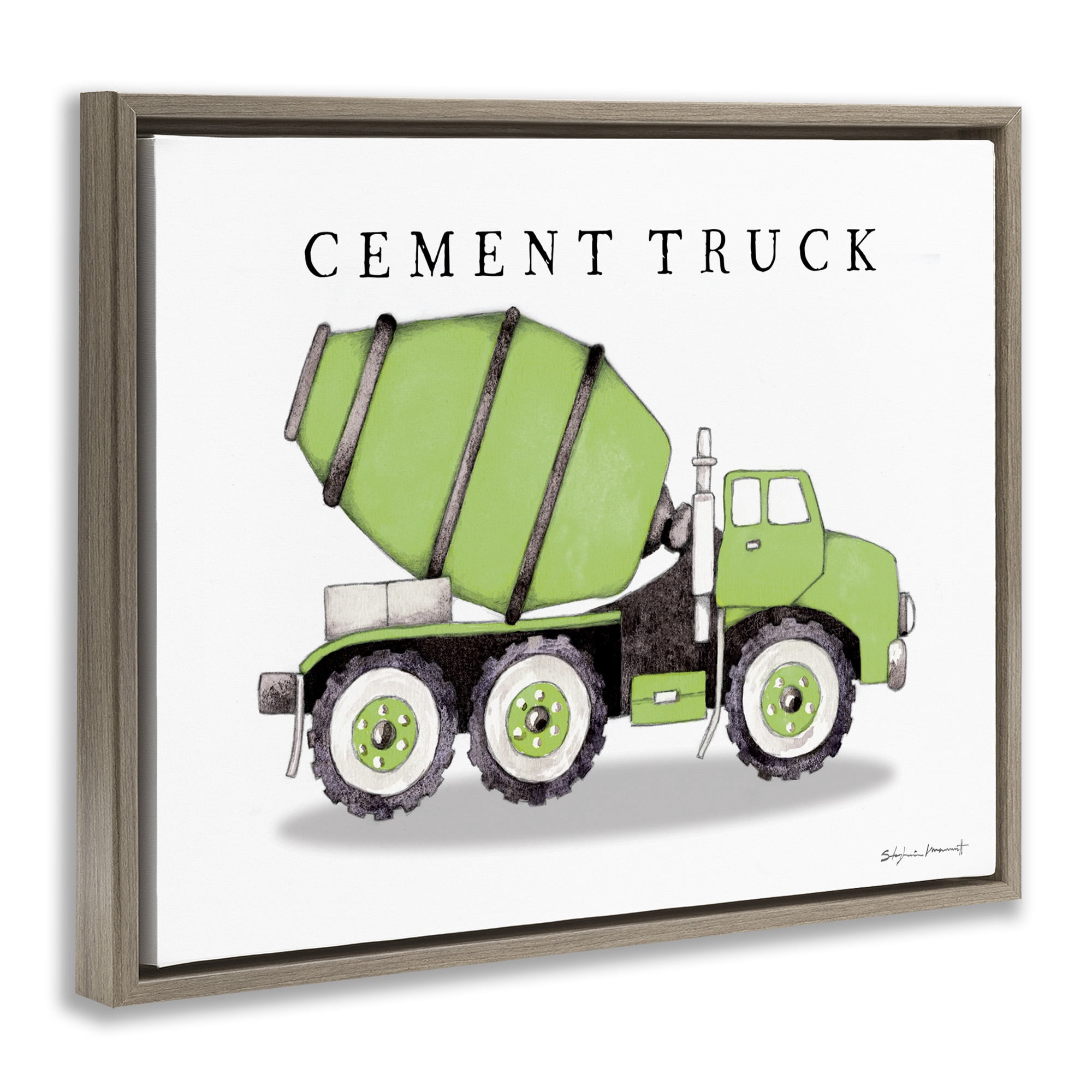 Stupell Industries Green Cement Truck Construction Art for Kids Painting Brown Floater Framed Canvas Art Print Wall Art, 31 x 25