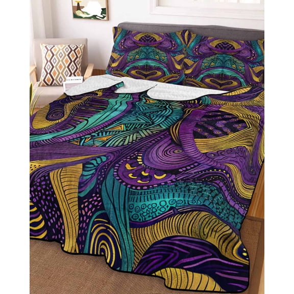 Yellow Purple Green Twin Size Down Alternative Comforter, Lightweight Comforter Quilt Bedding Set with Pillow Shams Modern Abstract Art Geometric All Seasons Bed Comforter Duvet Insert 68"x86"