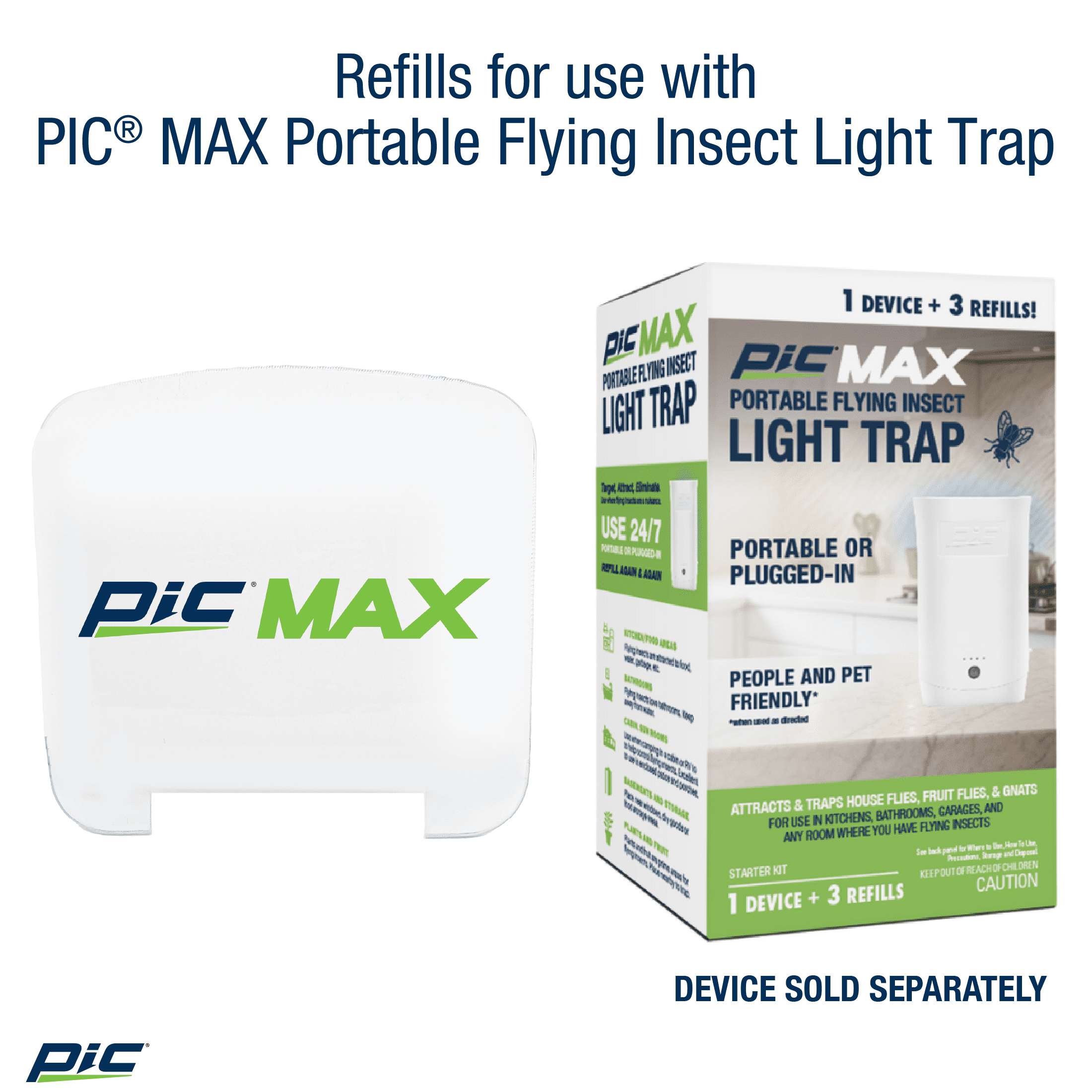 PIC Portable Flying Insect Light Trap Refills, Attracts & Trap House Flies, Fruit Flies, and Gnats - (3 Refill)