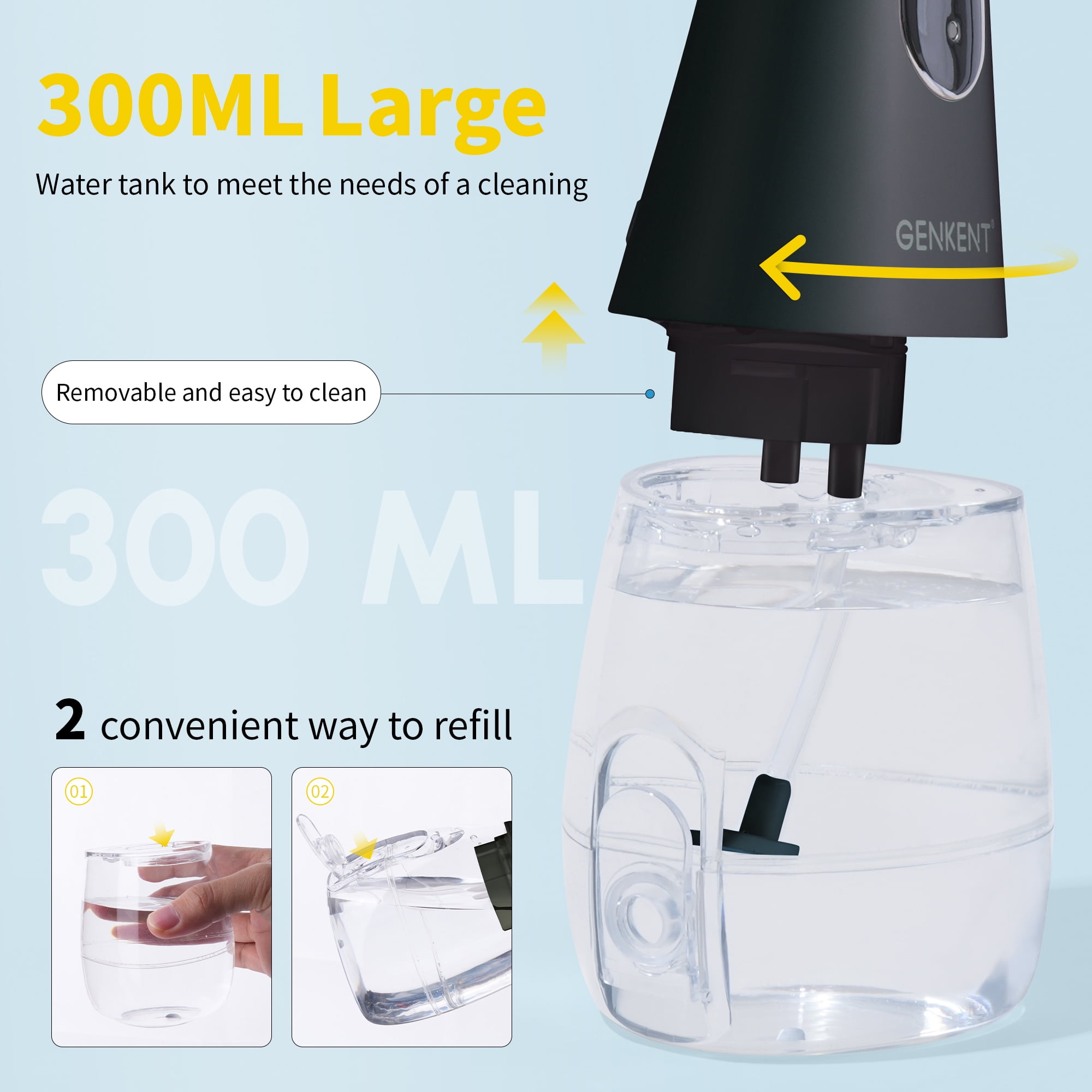 GENKENT Water Flosser for Teeth, Cordless Dental Flosser 3 Modes 5 Tips Rechargeable, Black