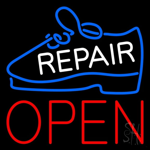 White Repair Shoe Open LED Neon Sign 16 x 16 - inches, Black Square Cut Acrylic Backing, with Dimmer - Bright and Premium built indoor LED Neon Sign for store interior Décor, Storefront.