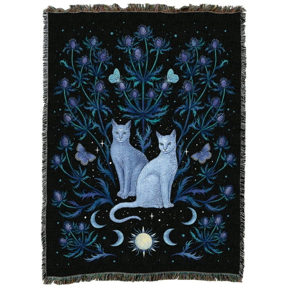 Pure Country Weavers Blue Thistle and Cat Large Tapestry Throw Woven from Cotton - Made in The USA (72x54)