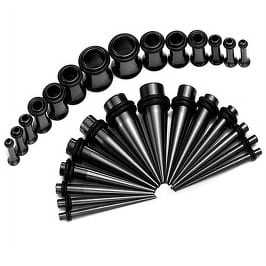 Stainless Ear Stretching Kit Plugs & Tapers Set 36pc Gauges 14g-00g Black