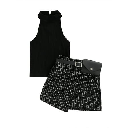 

Canrulo Kids Baby Girls Summer Clothes Sleeveless Halter Tops + Plaids A-Line Skirts with Belt Bag Outfits Black 2-3 Years