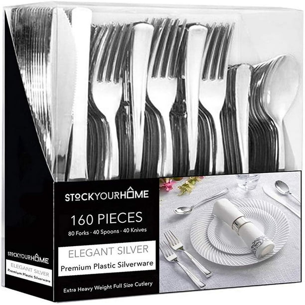 160 Piece Silver Plastic Cutlery Set, Disposable Silverware by Stock