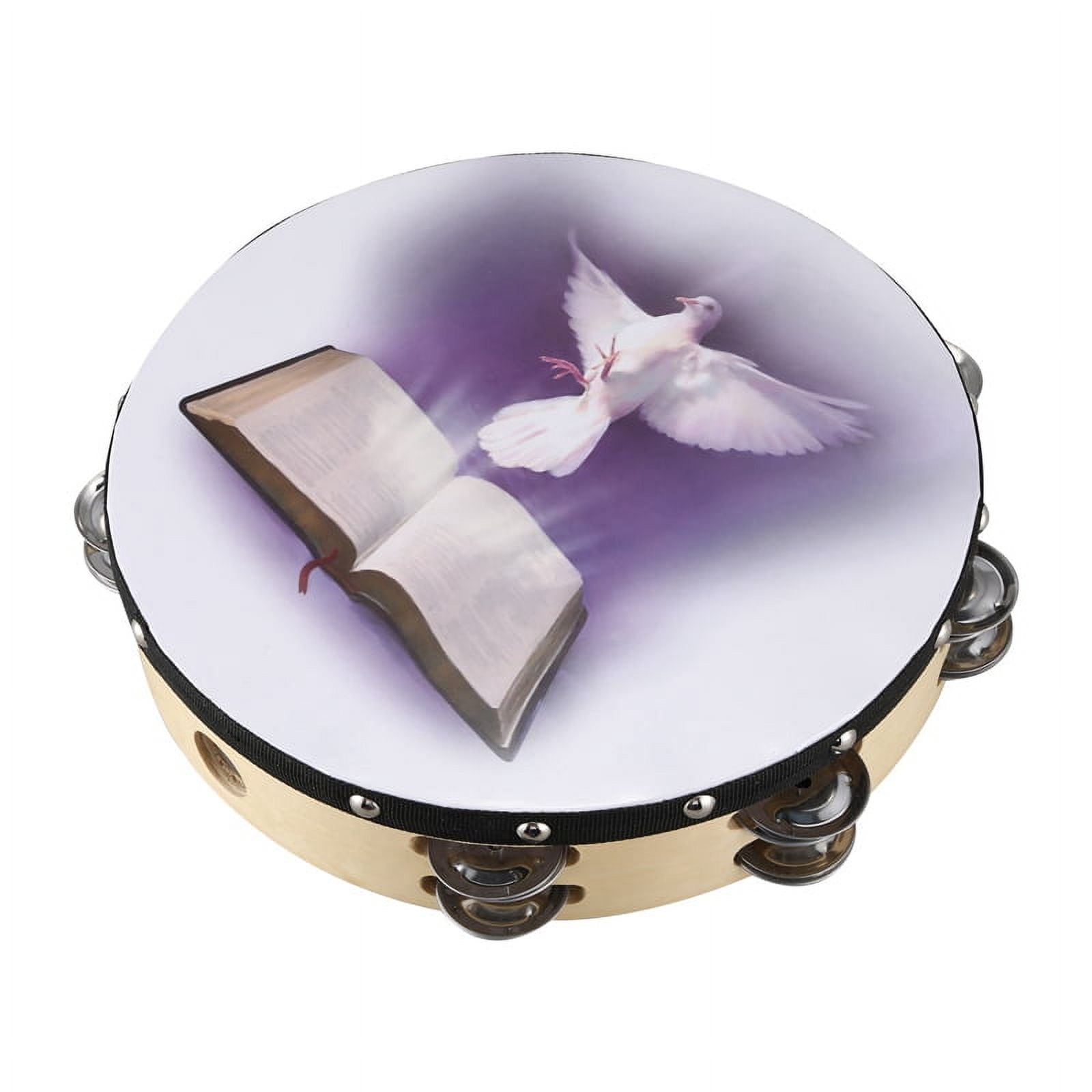 10 Inch Wooden Tambourine Pigeon Bible Music Percussion Instrument Tambourine Double Tambourine Row Jingle Percussion Instrument for Church
