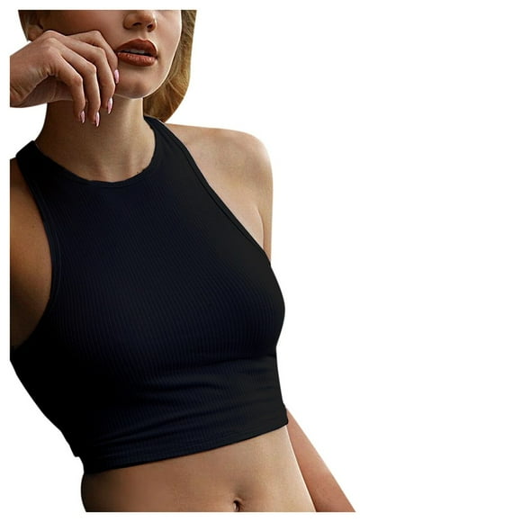 jovati Womens Tops Summer Sexy Womens Black White Solid Color Round Neck Short Vest Sexy Top Black Summer Tops for Women White Summer Tops for Women White Tops for Women Summer