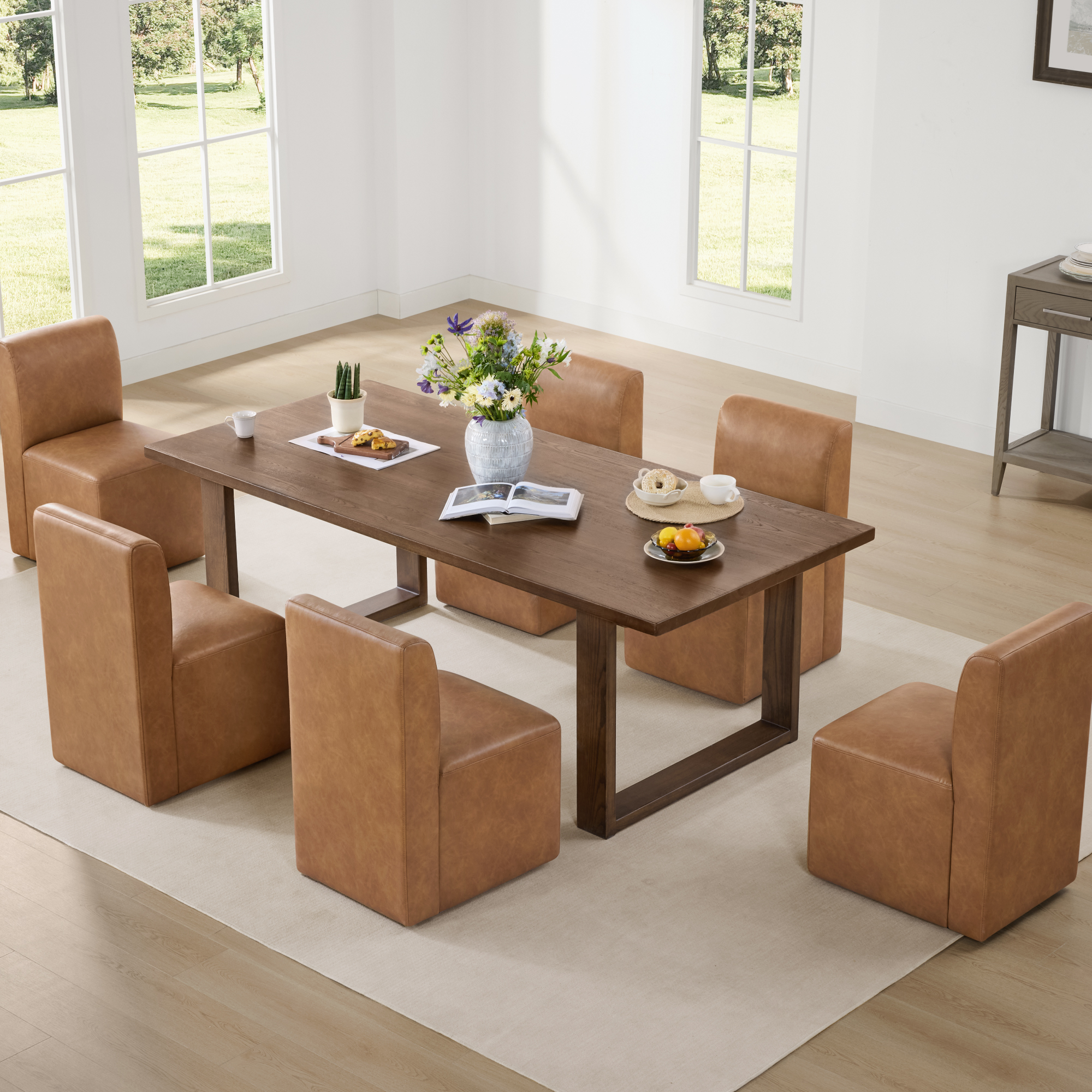 Spruce & Spring Upholstered Dining Chairs with Hidden Casters Set of 2, Cognac
