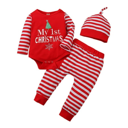 

My 1st Christmas Newborn Baby Boy Girl Outfit Merry Christmas Unisex Infants 3pcs Clothes Set Cute Tops+Striped Pants