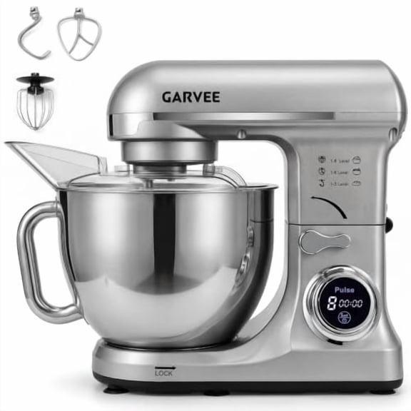 Silver 5.3 QT Tilt‑Head Electric Stand Mixer, 500W 8‑Speed Kitchen Mixer, Stainless‑Steel Bowl plus Dough Hook, Flat Beater and Wire Whisk Attachments