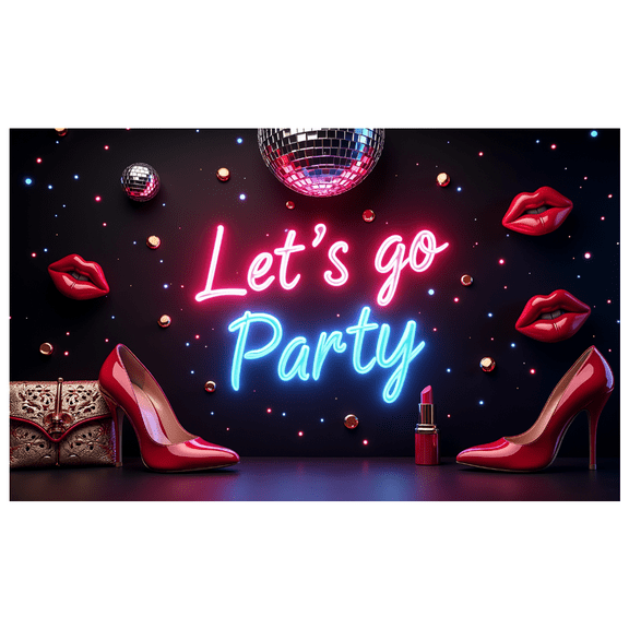 LUUFILx Let's Go Party Neon Backdrop Banner High Heels Disco Decoration Background for Girls Night Out Celebration Party Supplies Lipstick Props